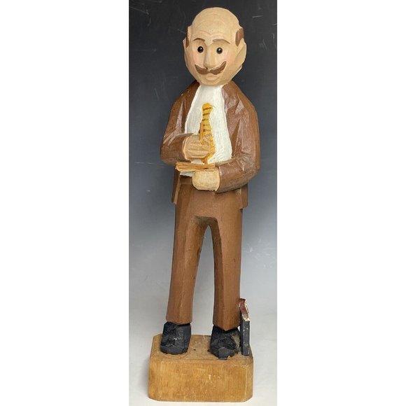 12" Vintage Hand Carved Wooden Statue 'CPA' Businessman Wood Carving Art - Picture 5 of 12